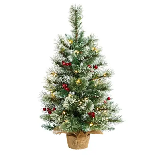 2ft. Pre-Lit Flocked Pine & Berry Artificial Christmas Tree in Burlap Base, Warm White LED Lights {1}