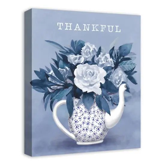 Thankful Teapot With Flowers Canvas Wall Art {3}