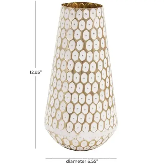 13" Gold & White Geometric Dot Metal Vase {5}