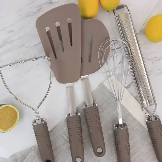 Martha Stewart 5-Piece Taupe Stainless Steel and Silicone Kitchen Utensil Tool Set {4}