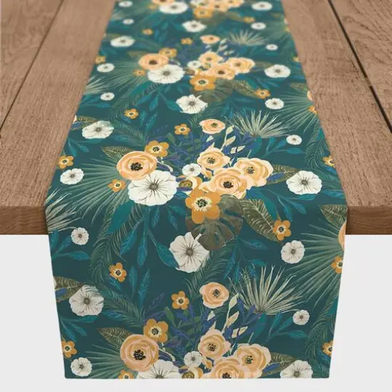 90" Tropical Floral Cotton Twill Runner Teal {1}