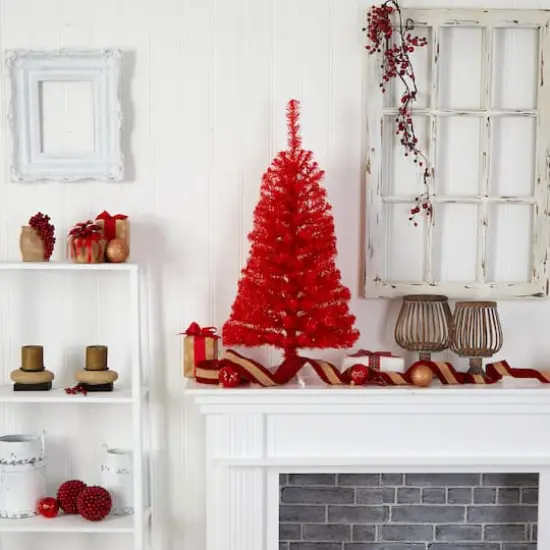 3ft. Pre-Lit Red Artificial Christmas Tree, Warm White LED Lights {11}