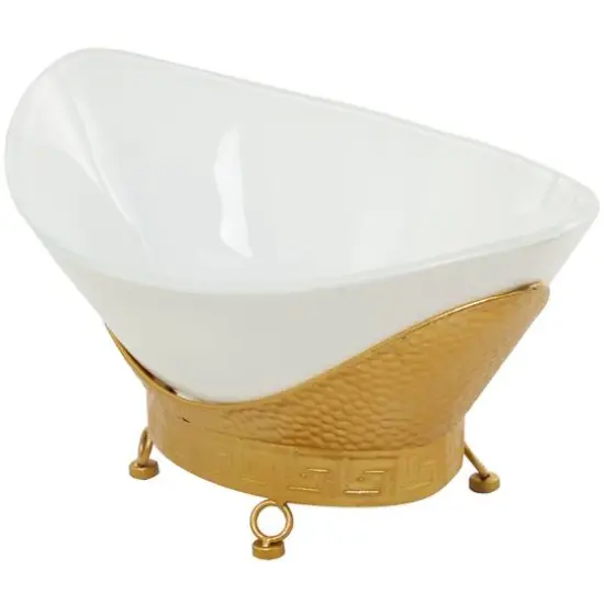 CosmoLiving by Cosmopolitan 23" White Glass Hammered Kitchen Serving Bowl with Gold Metal Stand {5}