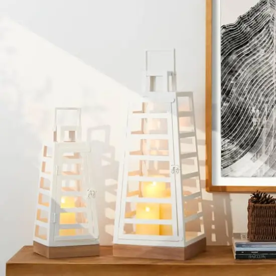 Glitzhome® White Modern Trapezoid Metal & Wood Lanterns Set {3}
