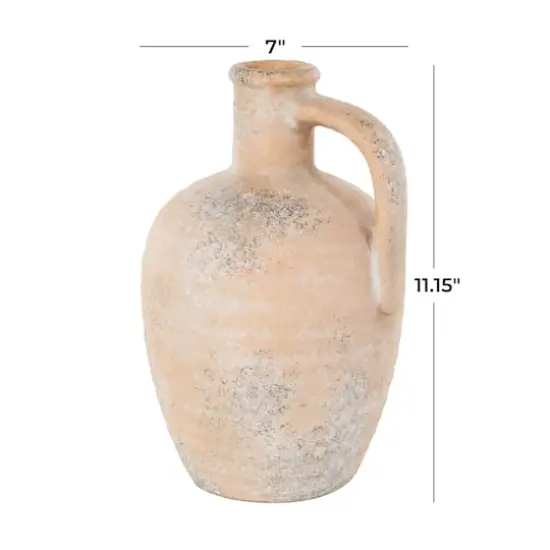 11" Beige Antique-Style Distressed Ceramic Vase with Handle {5}