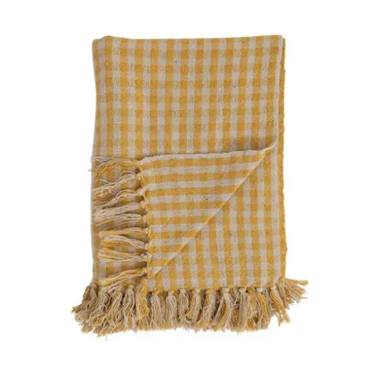 Hello Honey® Gingham Woven Recycled Cotton Blend Throw Blanket with Fringe Mustard/White {1}