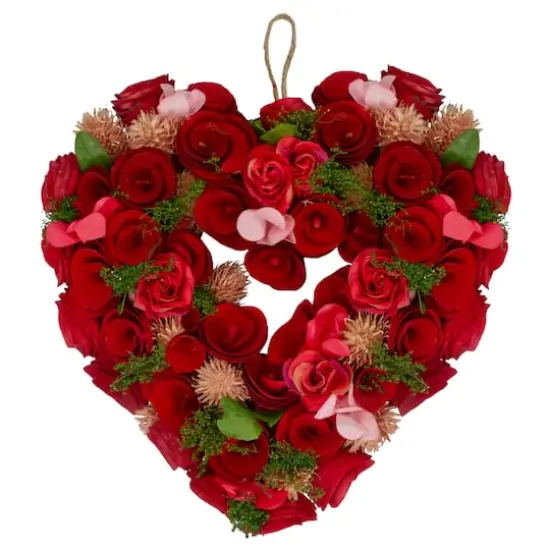 Red and Pink Wooden Rose Valentine's Day Artificial Spring Wreath 13.5" {1}