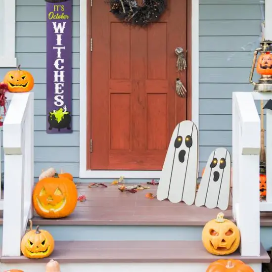 Glitzhome&reg; 24"H Halloween Lighted Wooden White Ghost Porch Decor with Timer Set {5}