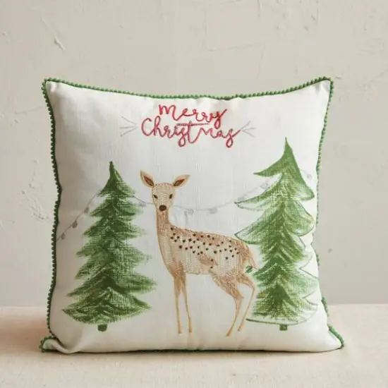 Hello Honey&reg; 18" Embroidered Merry Christmas Deer Cotton Slub Throw Pillow with Pom Pom Trim {3}