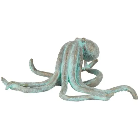 12" Blue Polystone Octopus Distressed Patina Sculpture with Gold Foil Accents {1}