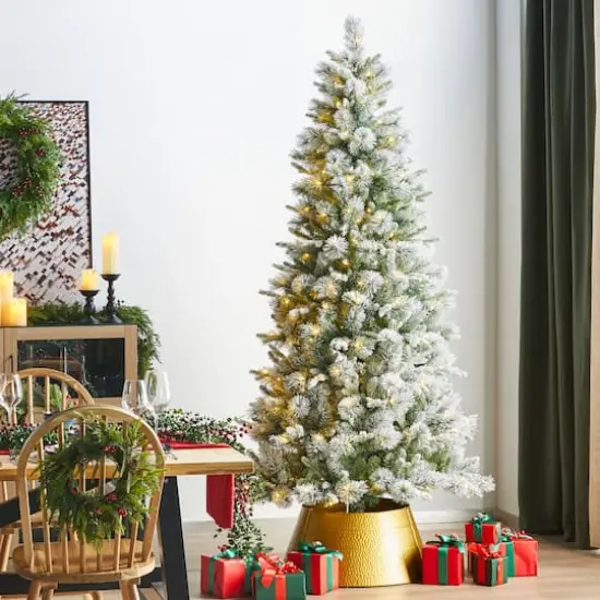 Glitzhome&reg; 7.5ft Pre-Lit Flocked Slim Pine Artificial Christmas Tree, Warm White LED Lights {3}