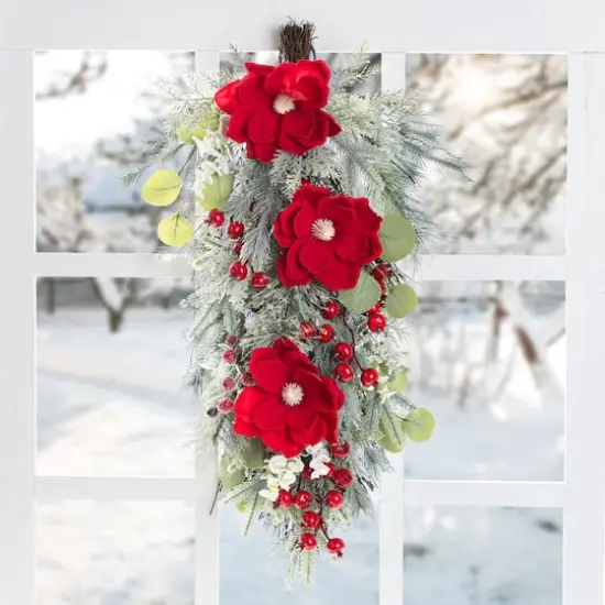 Glitzhome&reg; 28"H Christmas Red Mangnolia & Berry Teardrop {3}