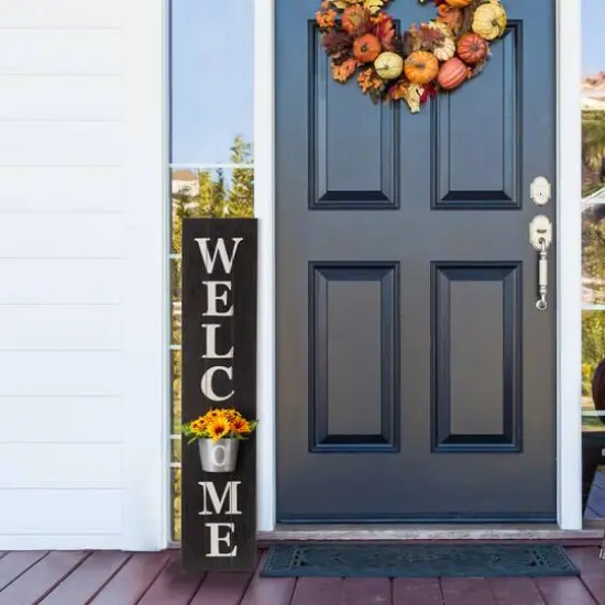 Glitzhome&reg; 42" Wooden Black Welcome Porch Sign with Metal Planter {5}