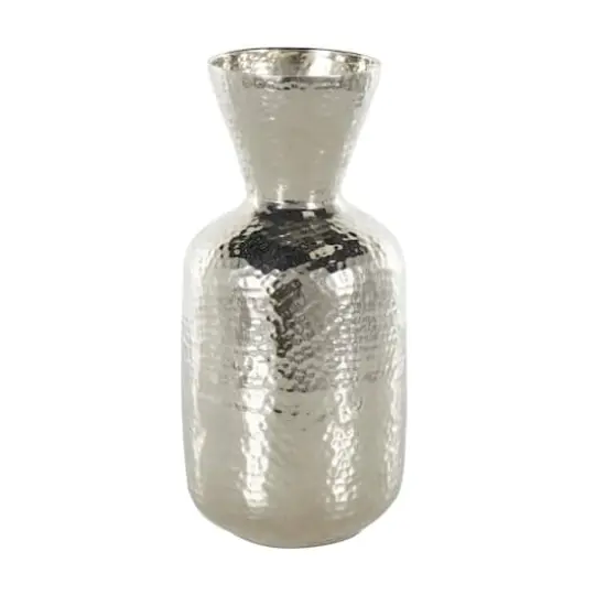 13" Silver Aluminum Metal Hammered Vase with Cone Shaped Opening {4}