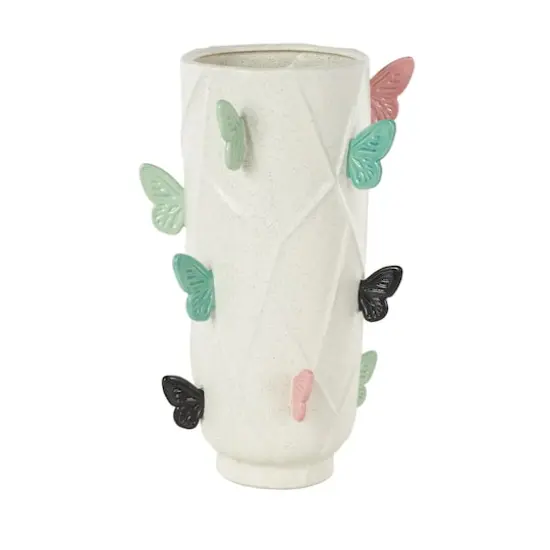 15.75" White Ceramic Butterfly Wide Decorative Vase with Multicolor Accents {4}