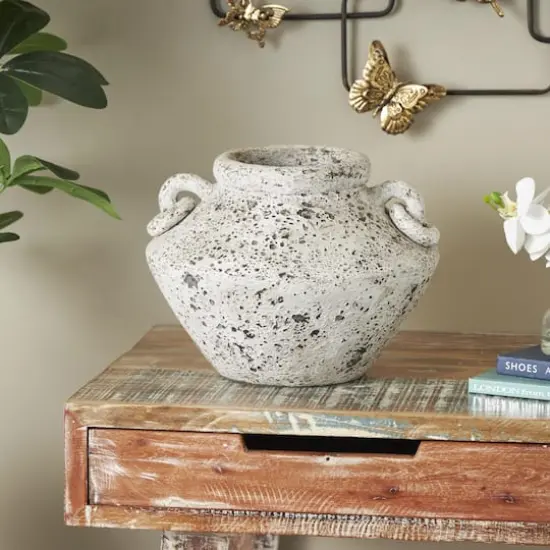 14" White Antique-Style Textured Ceramic Vase with Ring Handles {3}