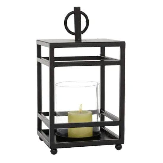 Black Iron Contemporary Candle Holder Lantern, 16" x 8" x 8" {1}