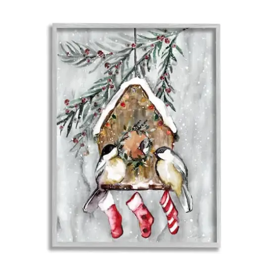 Stupell Industries Holiday Stockings Birdhouse Perched Framed Giclee Art Gray {1}