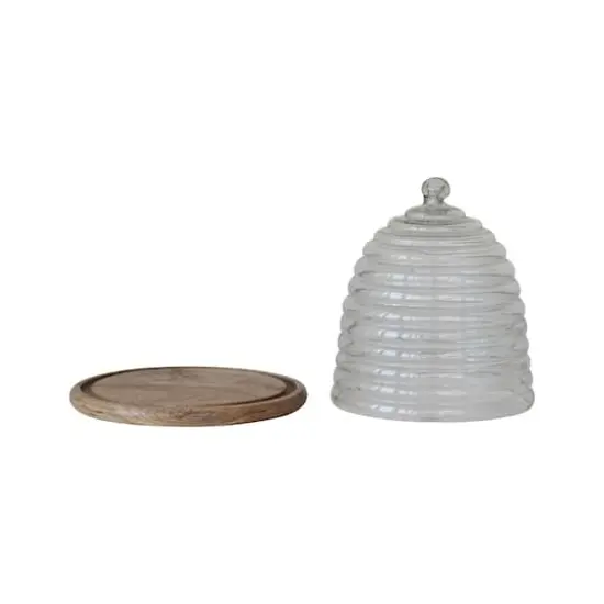 Hello Honey® 11.5" Clear & Natural Reclaimed Etched Glass Beehive Shaped Cloche with Mango Wood Base {6}