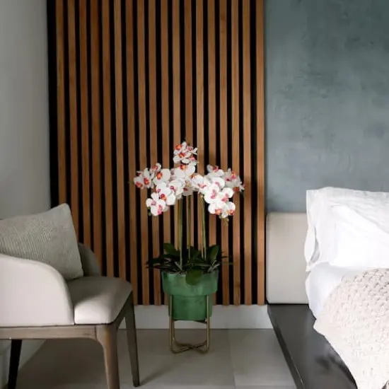 3.5ft. White Orchid Arrangement in Patina Metal Planter with Stand {3}