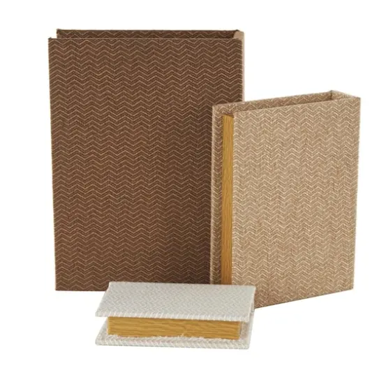Brown & Cream Linen Fabric Chevron Patterned Decorative Book Storage Box, 3ct. {7}