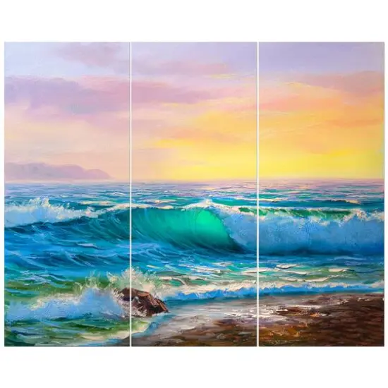 Designart - Sunsets over ocean waves - Sea & Shore Painting Print on Wrapped Canvas set {1}