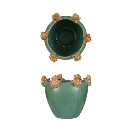 Hello Honey&reg; 7.5" Green & Yellow Reactive Glaze Stoneware Planter with Frogs on Rim {1}