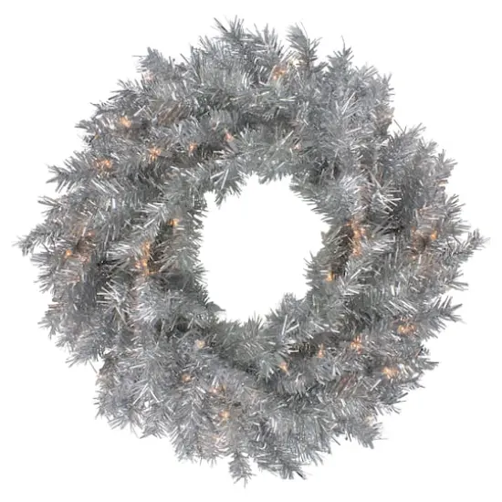24" Pre-Lit Silver Tinsel Artificial Christmas Wreath {1}