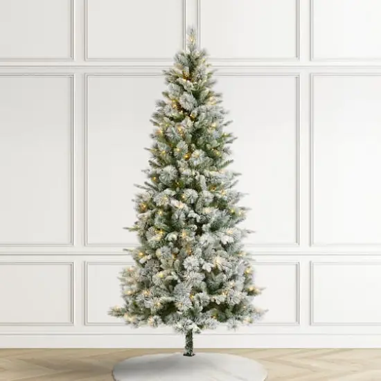 Glitzhome&reg; 7.5ft Pre-Lit Flocked Slim Pine Artificial Christmas Tree, Warm White LED Lights {5}