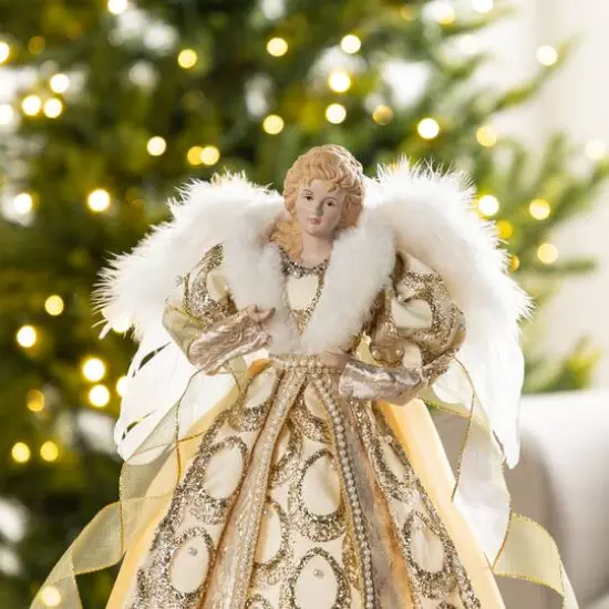 Glitzhome® 18.5"H Faux Fur & PVC Christmas Elegant Angel Tree Topper with Porcelain Face {5}