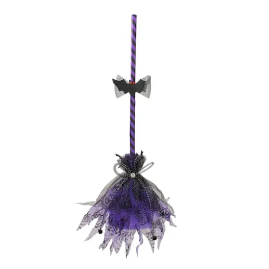 29" Purple & Black Striped Animated Witches Halloween Broom with Bat Accents {1}