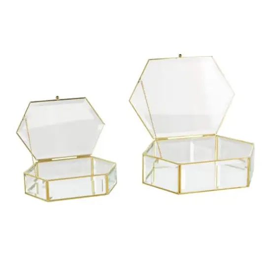 Clear & Gold Beveled Glass & Metal Wide Hexagon Jewelry Box with Chain Accent Set {4}