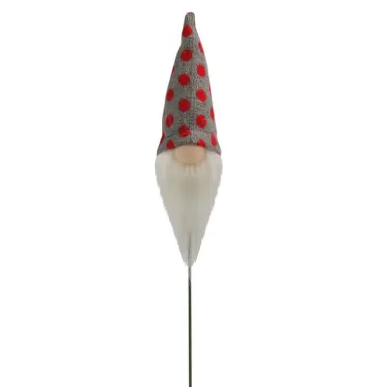 12.5" Red and Gray Polka Dots Santa Gnome Head Christmas Pick {1}