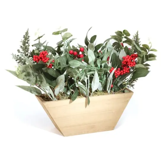 22" Christmas Wooden Pot with Mixed Eucalyptus & Berry {1}