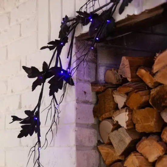 6.5ft. Pre-Lit Artificial Halloween Black Maple Garland with 48 Orange & Purple LED Lights {9}