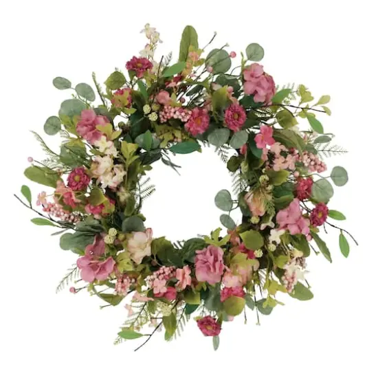 24" Pink Mum & Hydrangea Floral Spring Wreath {1}