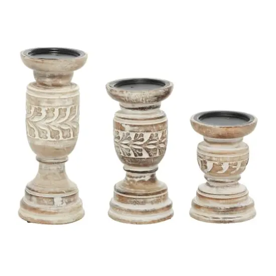 Beige Mango Wood Country Cottage Candle Holder Set {3}