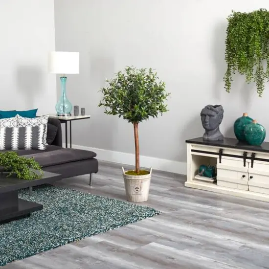4.5ft. Olive Topiary Tree with Farmhouse Barrel Planter {11}