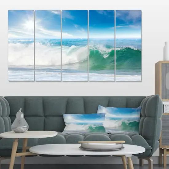 Designart - White and Blue Waves under Sun - Seascape Canvas Art Print {3}