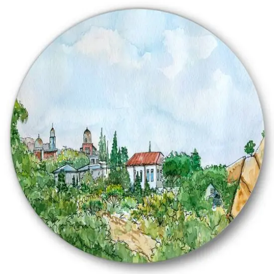 Designart - White House With Red Roof In The Countryside - Traditional Metal Circle Wall Art {1}