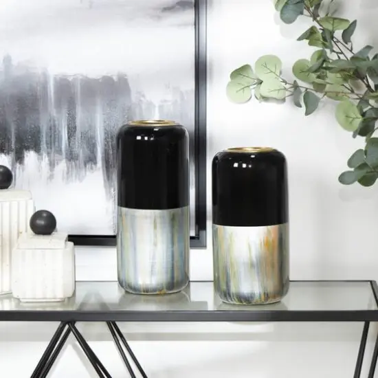 Metal Colorblock Abstract Vase with Paint Streak Designs and Gold Accents Set Silver {8}