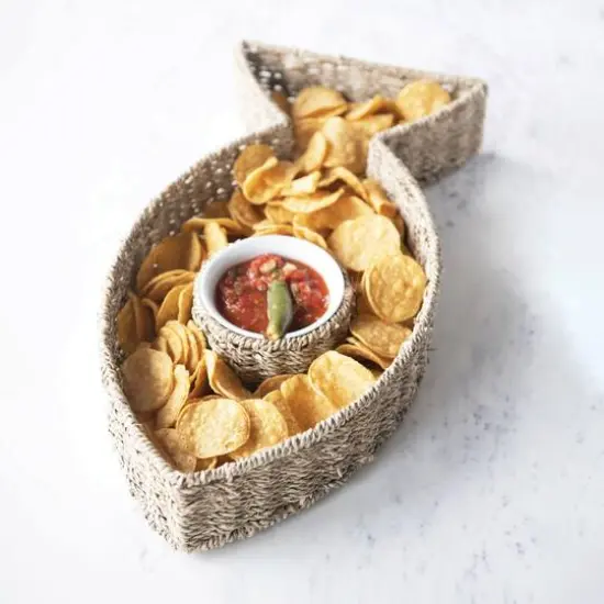 Hello Honey&reg; Hand-Woven Seagrass Fish Shaped Chip & Dip with Ceramic Bowl Set {4}