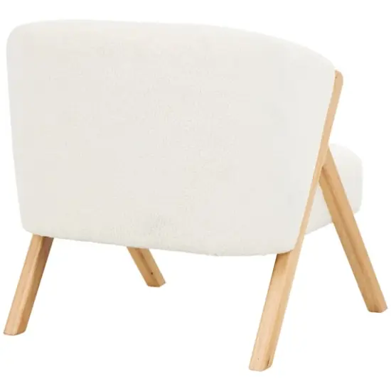 White Polyester Rounded Boucle Accent Chair with Angled Wooden Legs {7}