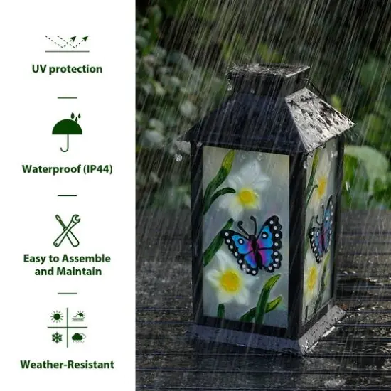Glitzhome&reg; 11" Glass with Butterfly & Flower Pattern Solar Powered Hanging Lanterns, 2ct. {7}