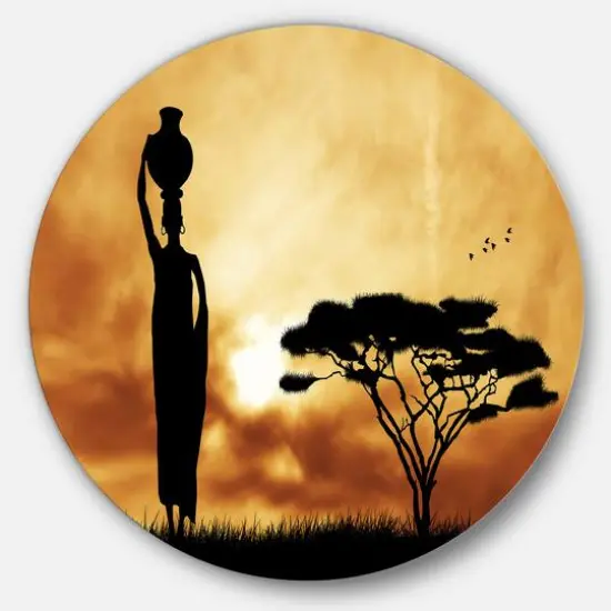 Designart - African Woman and Lonely Tree' African Landscape Metal Circle Wall Art {1}