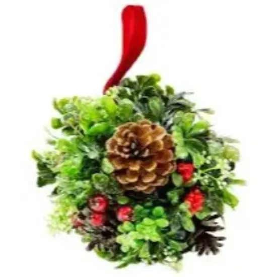 7" Green & Red Glitter Berry Pine Cone Topiary Ball Ornament {4}