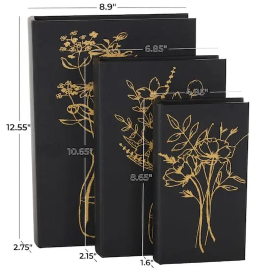 Black & Gold Faux Leather Floral Faux Book Storage Decorative Box Set {9}