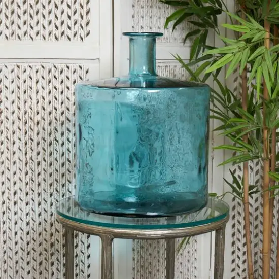 17" Teal Recycled Glass Spanish Bottleneck Vase {7}