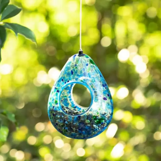 Glitzhome&reg; 6.75" Blue Dots Glass Water Drop Hanging Bird Feeder {3}
