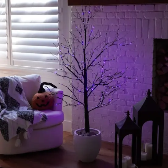 5ft. Pre-Lit Halloween Black Twig Artificial Tree with 240 Orange & Purple LED Lights {11}